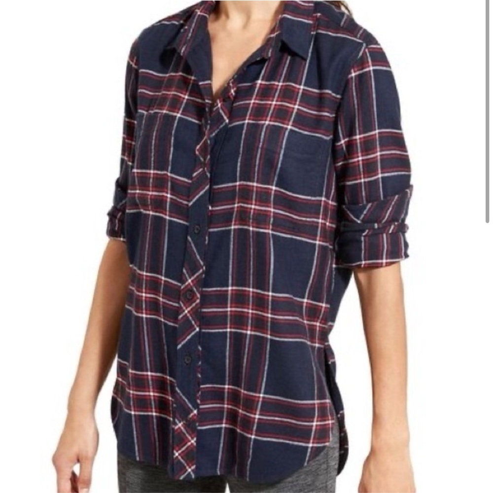 Athleta Navy and Red Plaid Button-Up Flannel